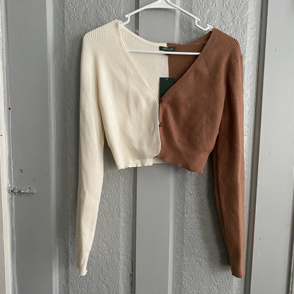 wild fable Two-Tone Cream and Brown Cropped Ribbed Cardigan